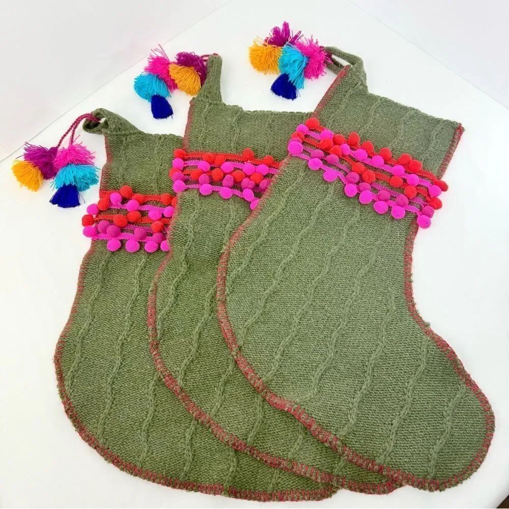 Natural Life Set of 3 Boho Christmas Stockings in Green Cable Knit PomPom Trim